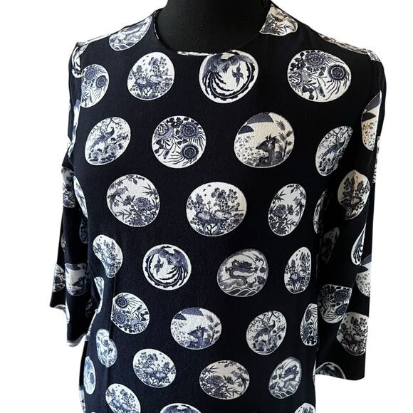 & Other Stories Women's Asian Lunar Print Mini Dress Quarter Sleeves Blue Sz 2 - Picture 3 of 10